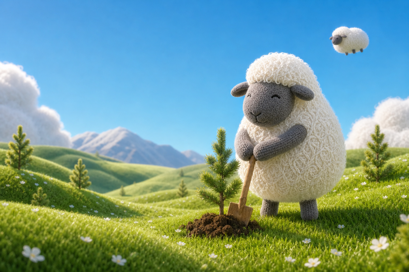 A woolly sheep planting a pine tree in green Highland hills
