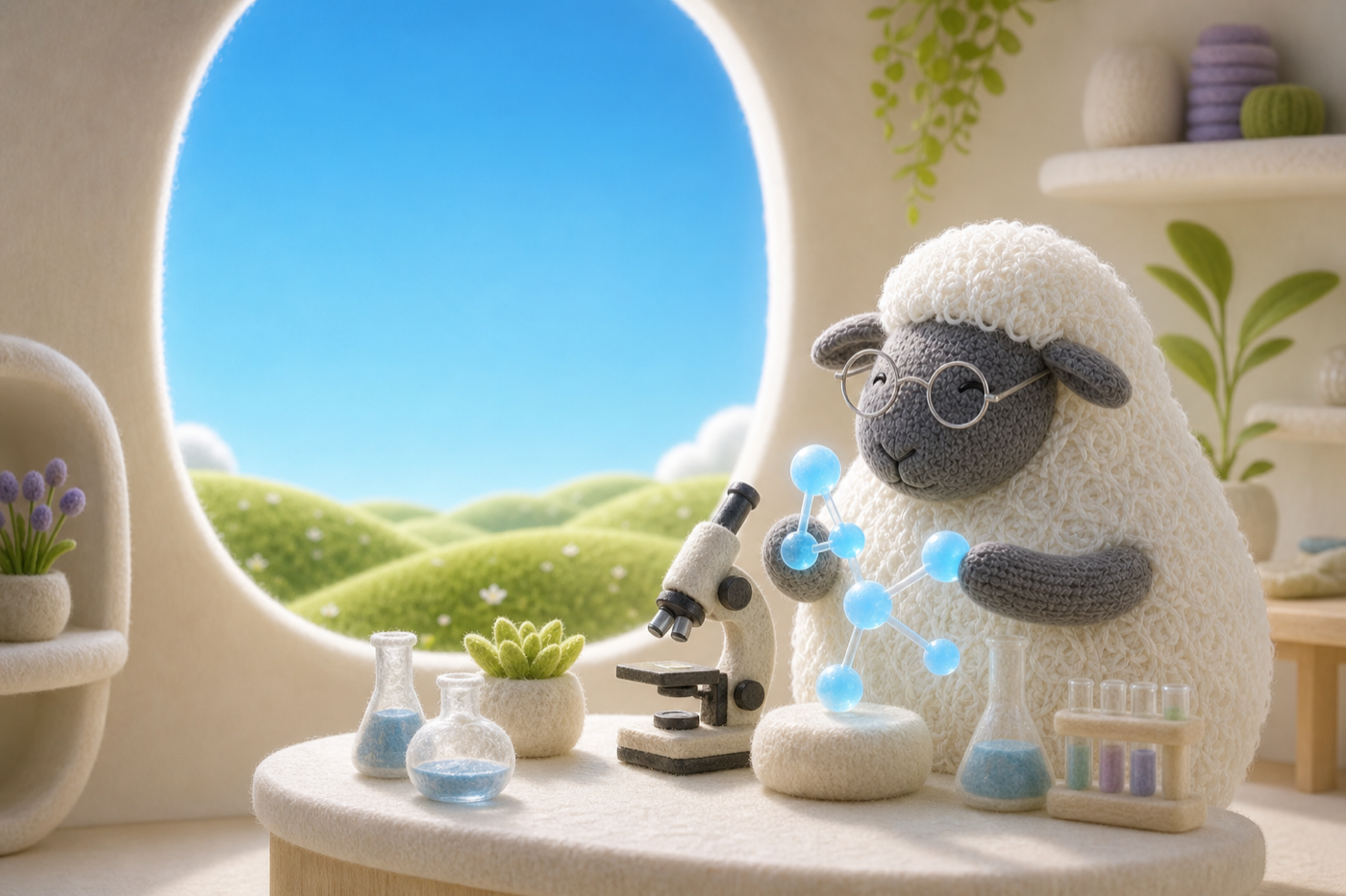 A woolly sheep scientist studying a glowing molecule