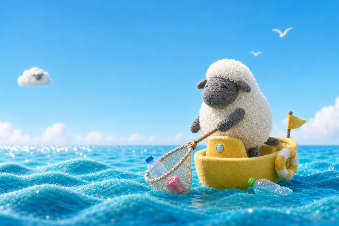A woolly sheep operating a small ocean-cleanup boat